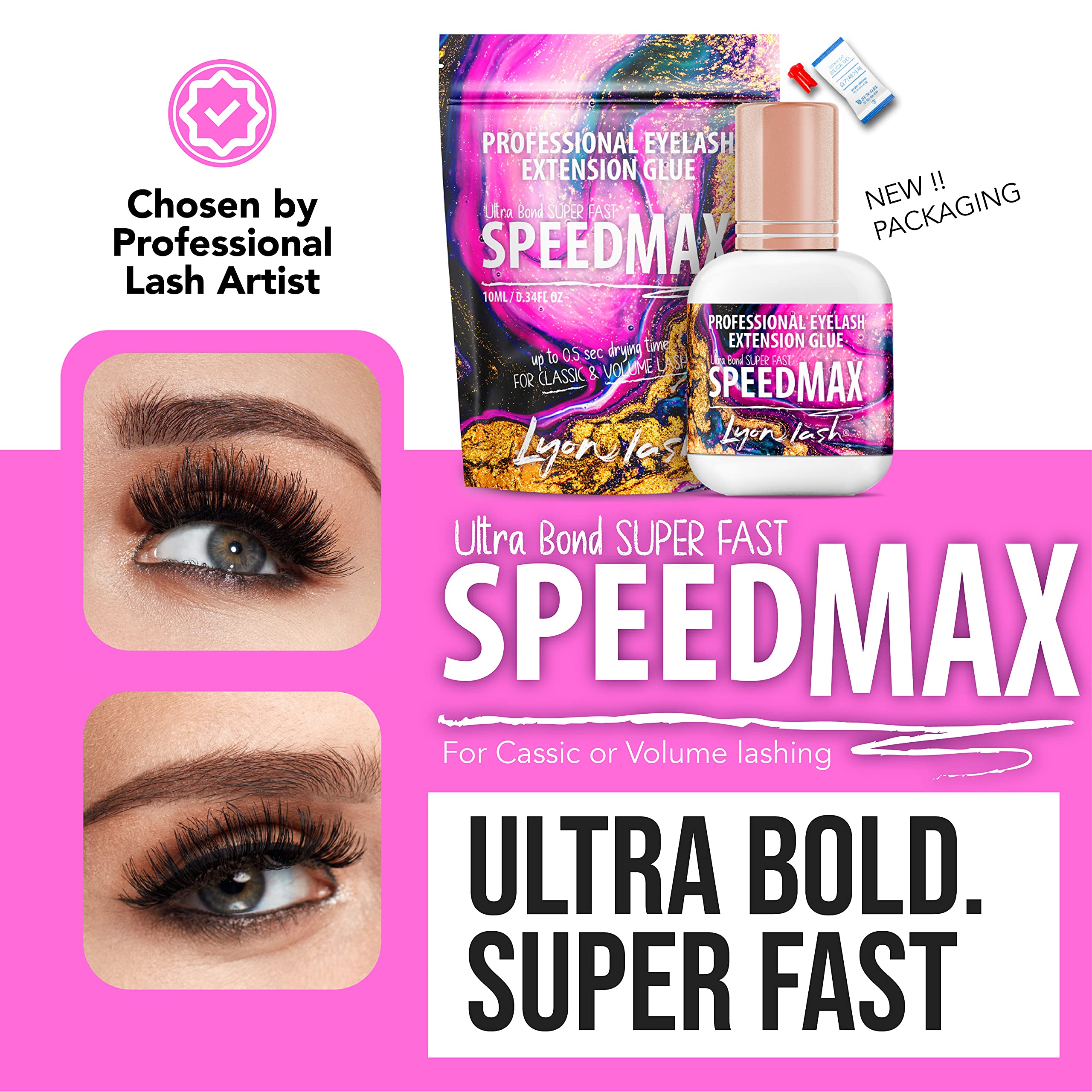 Lyon Lash SPEEDMAX bottle pour demonstrates controlled dispensing for precise lash fans.