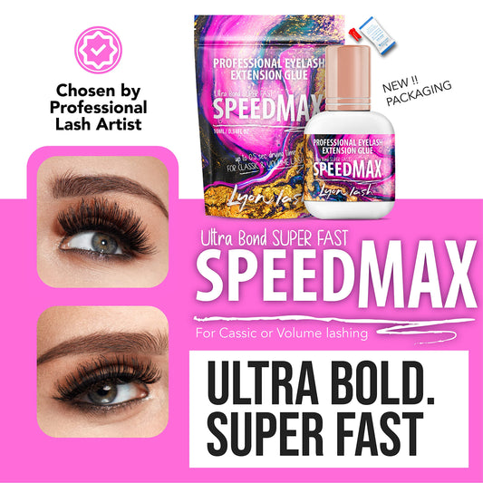 Lyon Lash SPEEDMAX bottle pour demonstrates controlled dispensing for precise lash fans.