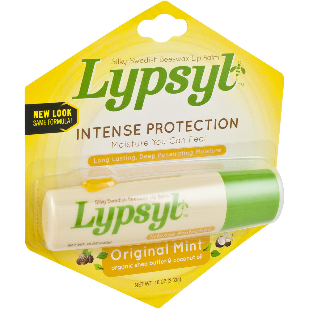 Lypsyl balm tube back view with ingredients and vegan formula.