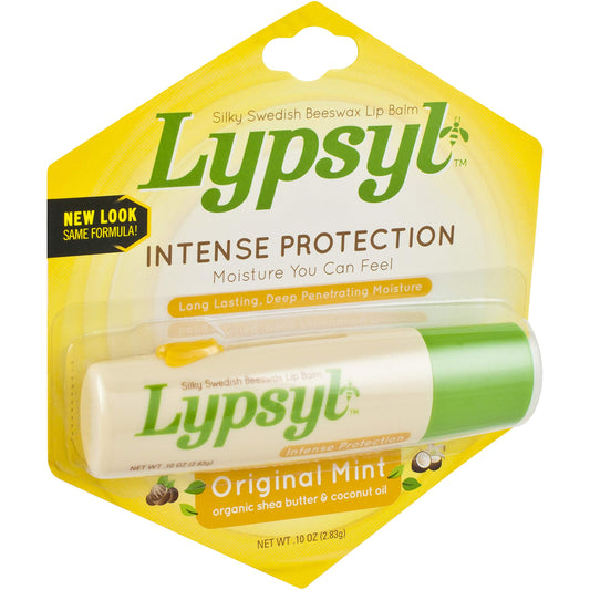Lypsyl balm tube back view with ingredients and vegan formula.