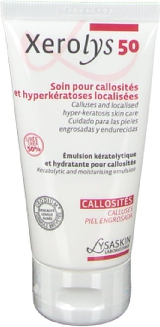 LysaSkin Xerolys50 bottle with 40ml high-urea care to soften calluses.