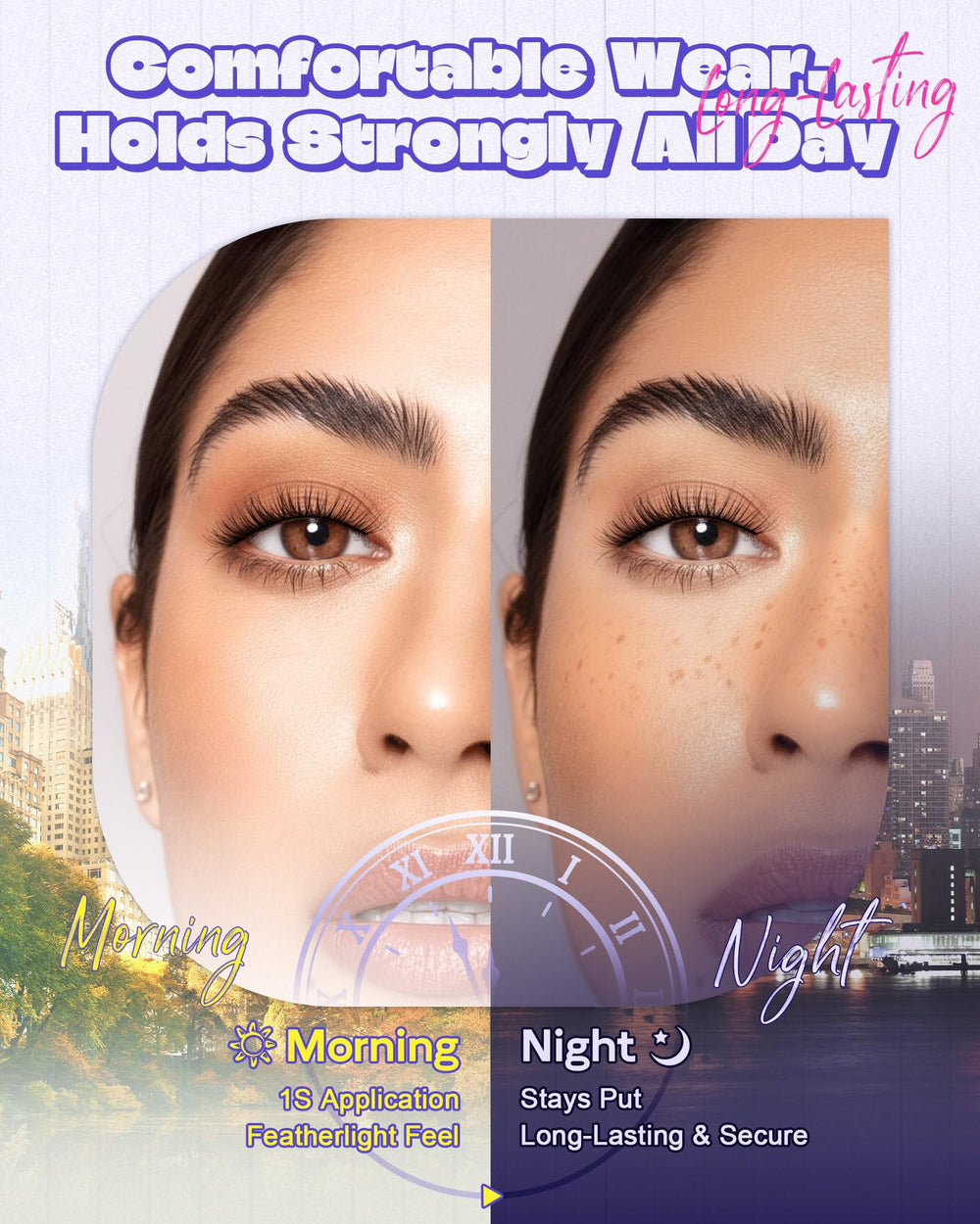 LZM glueless lash band close-up blending with natural lashes.