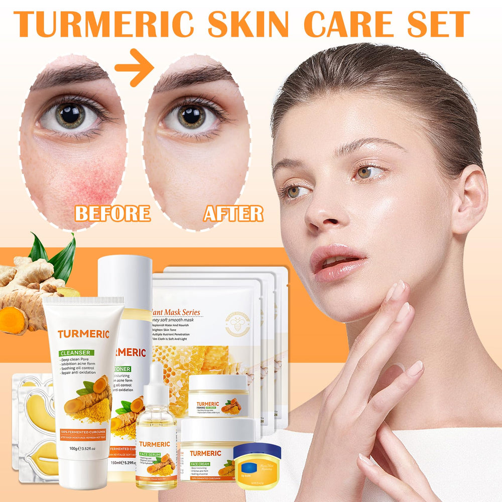 LZYLLS turmeric skincare components laid out for easy, all-in-one care.
