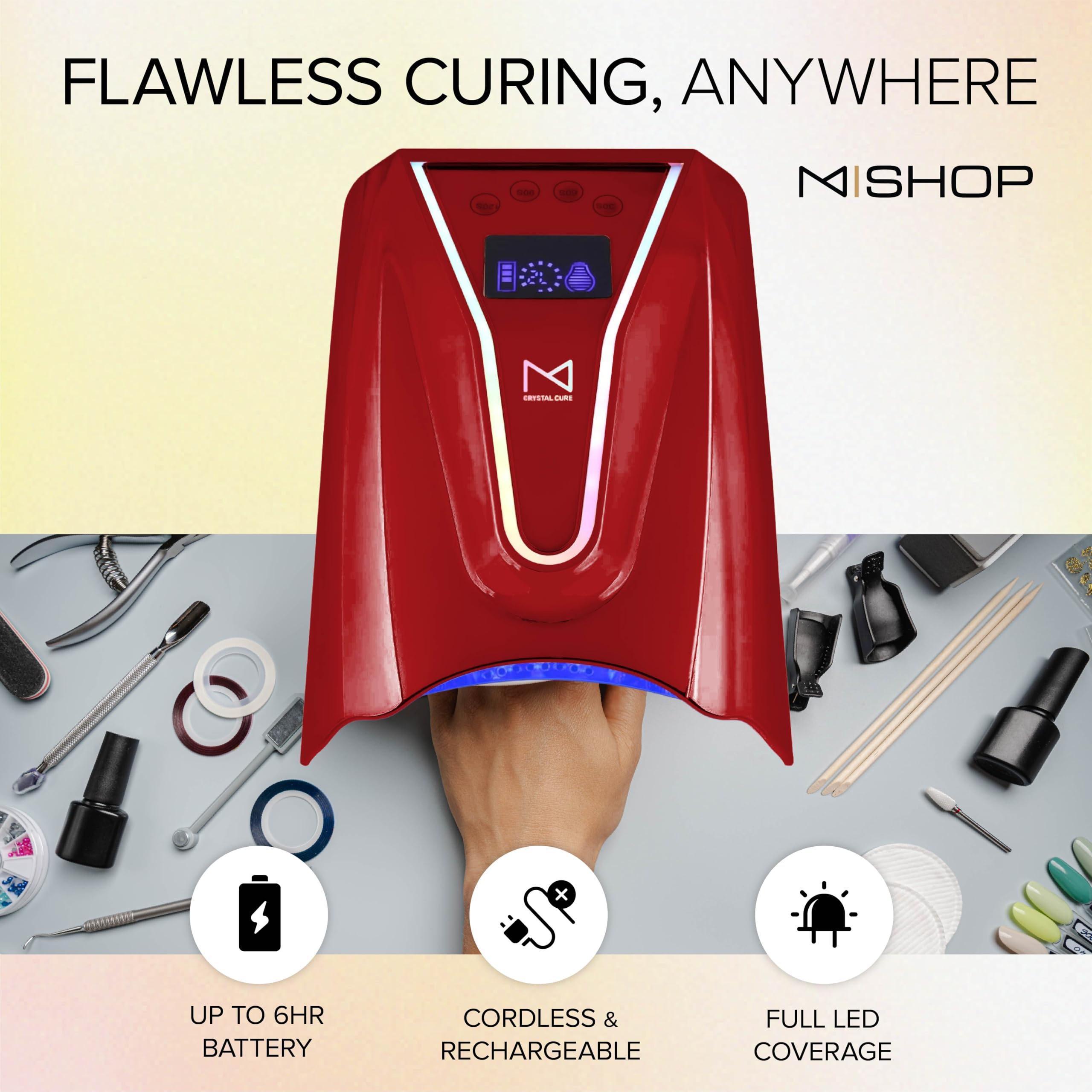 M Crystal Cure lamp LCD display with timer presets for precise curing.