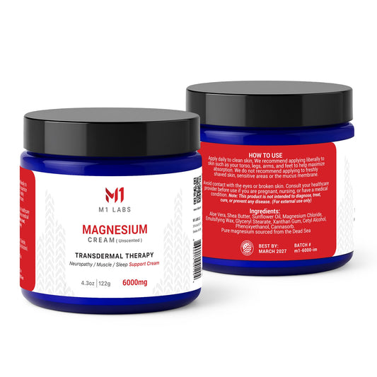 M1 Labs magnesium cream being massaged into hands for soothing daily comfort.