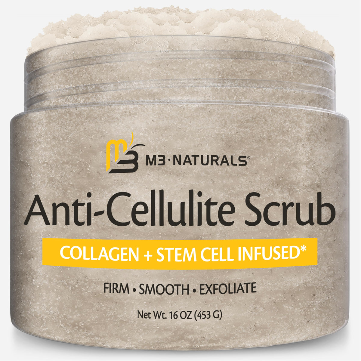 M3 Naturals anti-cellulite scrub bottle for gentle exfoliation and smoother skin.