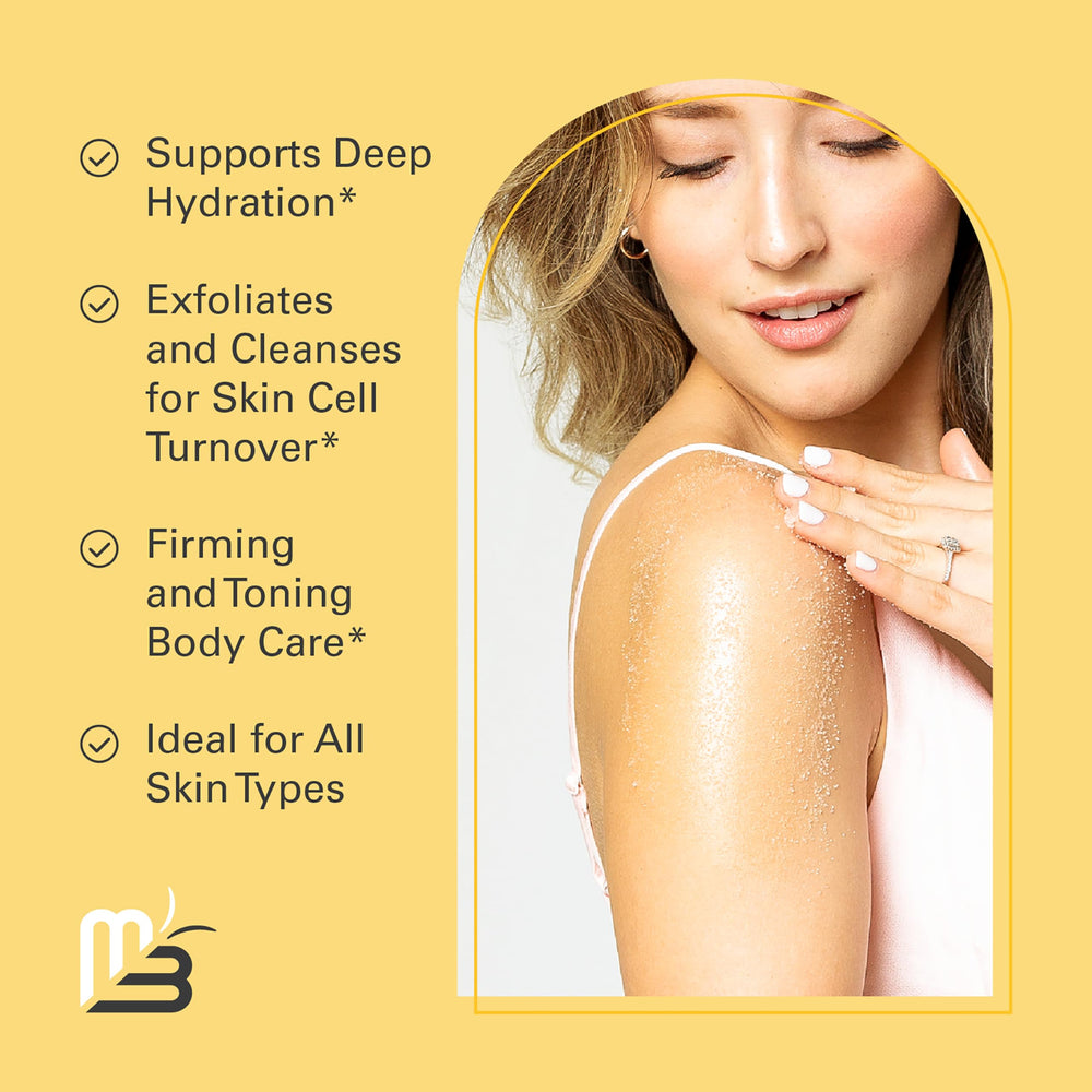 M3 Naturals scrub texture close-up showing fine salt for radiant skin.