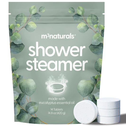 M3 Naturals eucalyptus shower steamers packaging signaling freshness and long-lasting aroma