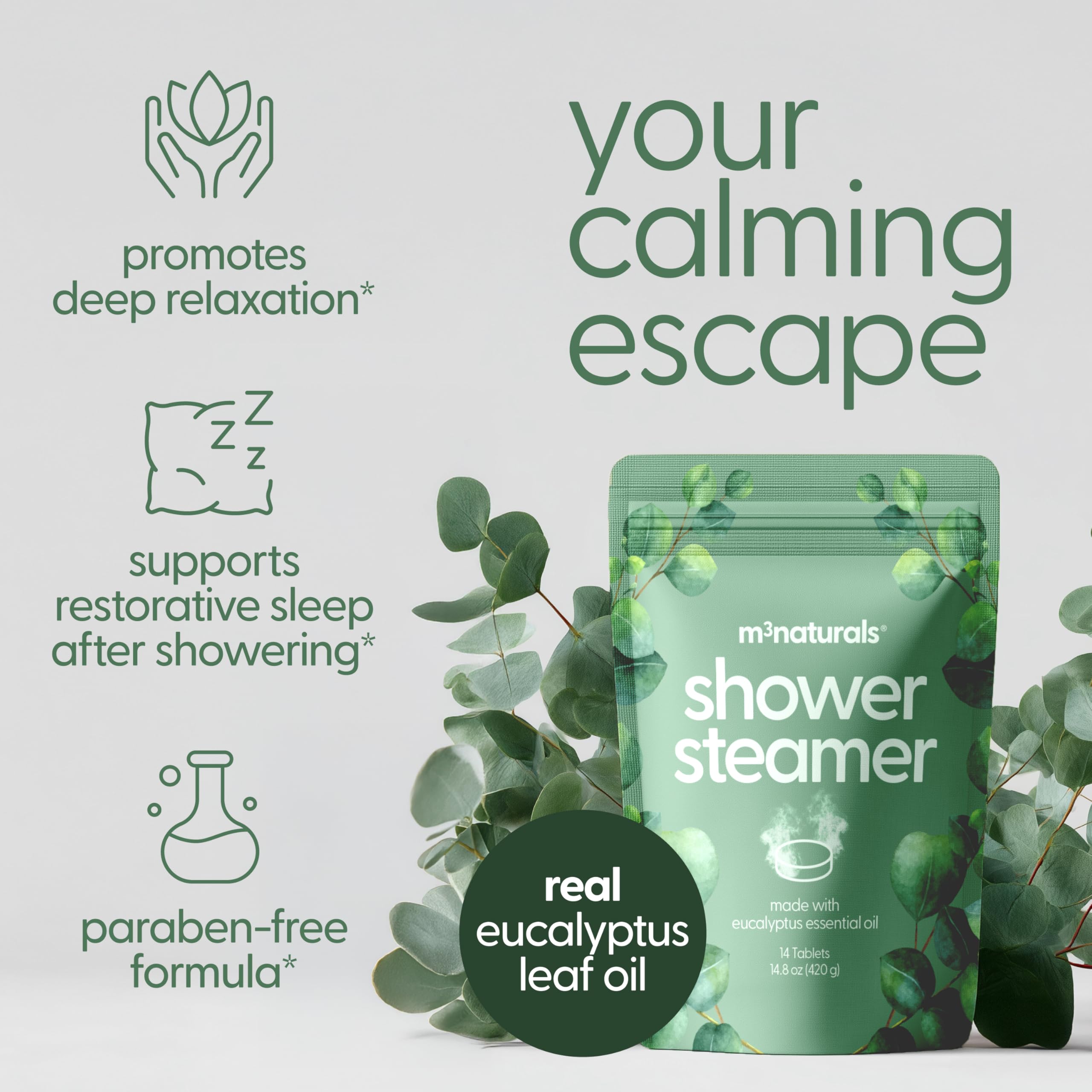 M3 Naturals eucalyptus shower steamer tablet close-up highlighting vibrant aroma