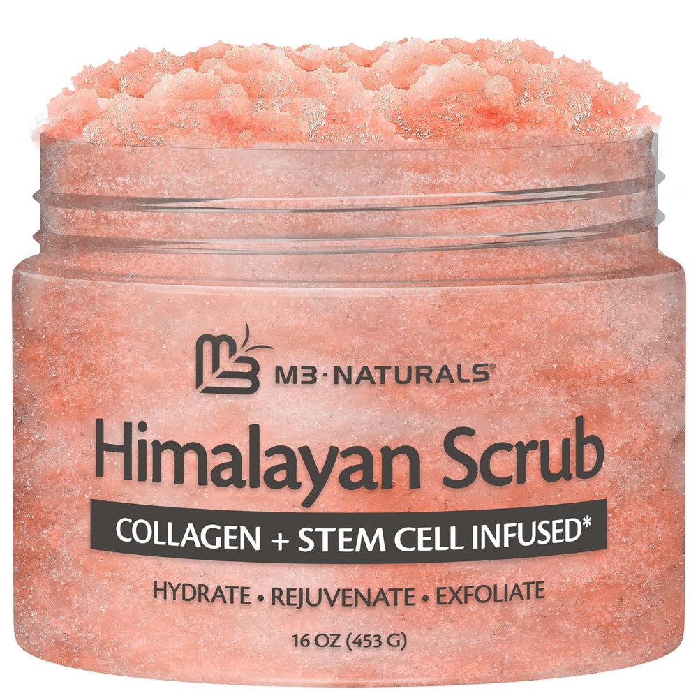M3 Naturals Himalayan Salt Scrub bottle shows exfoliation for smoother skin.
