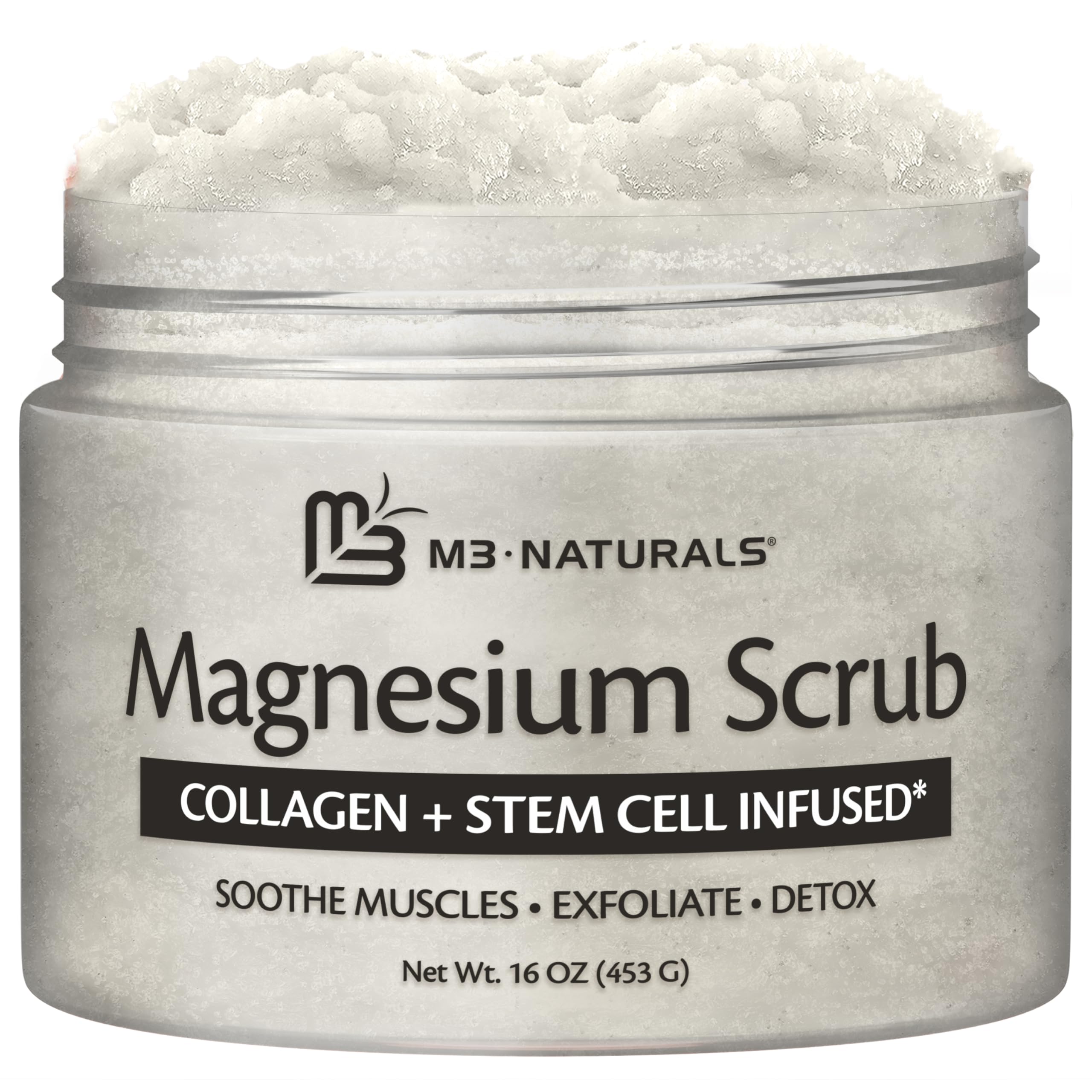 M3 Naturals magnesium body scrub bottle for exfoliation and relaxation.