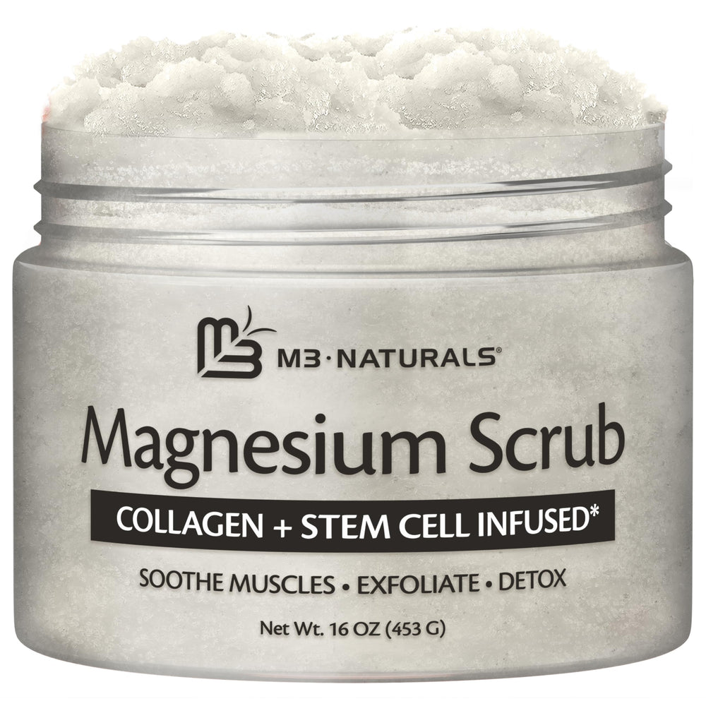 M3 Naturals magnesium body scrub bottle for exfoliation and relaxation.