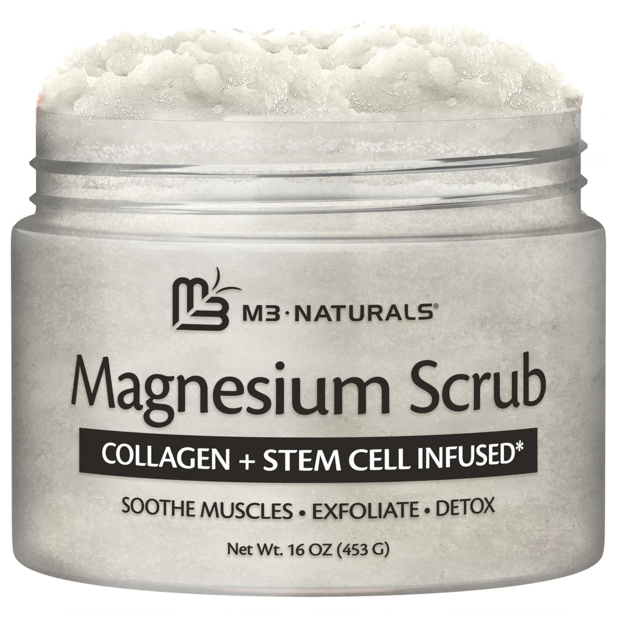 M3 Naturals magnesium body scrub bottle for exfoliation and relaxation.