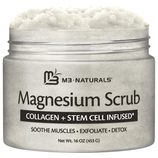 M3 Naturals magnesium body scrub bottle for exfoliation and relaxation.