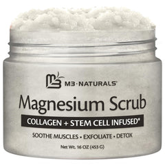 M3 Naturals magnesium body scrub bottle for exfoliation and relaxation.