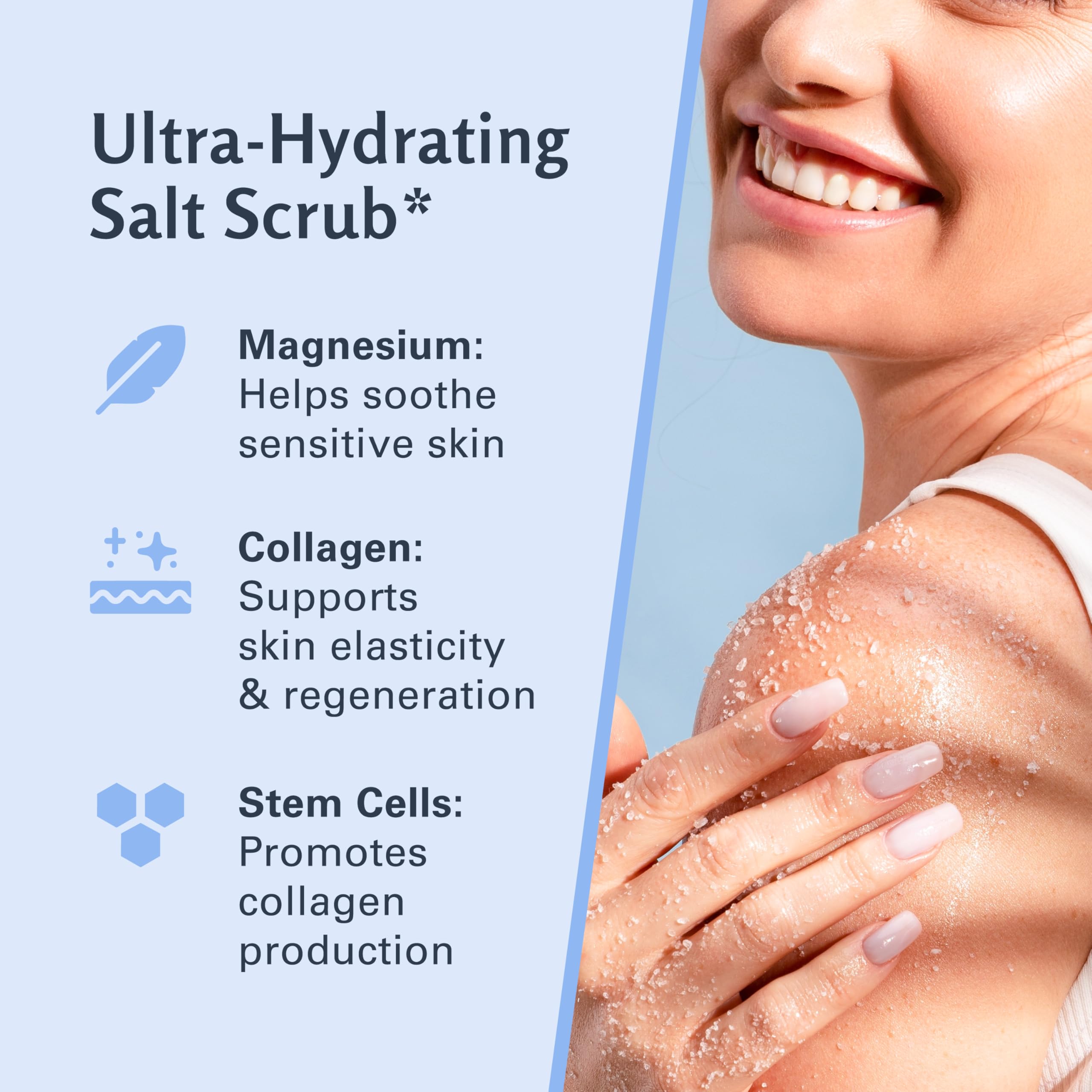M3 Naturals magnesium body scrub texture close-up for smoothing skin.