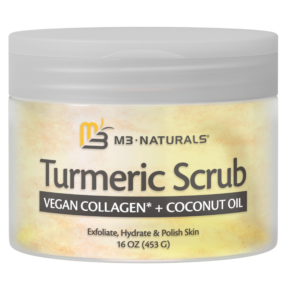 M3 Naturals turmeric scrub with coconut oil highlights skin hydration and nourishment