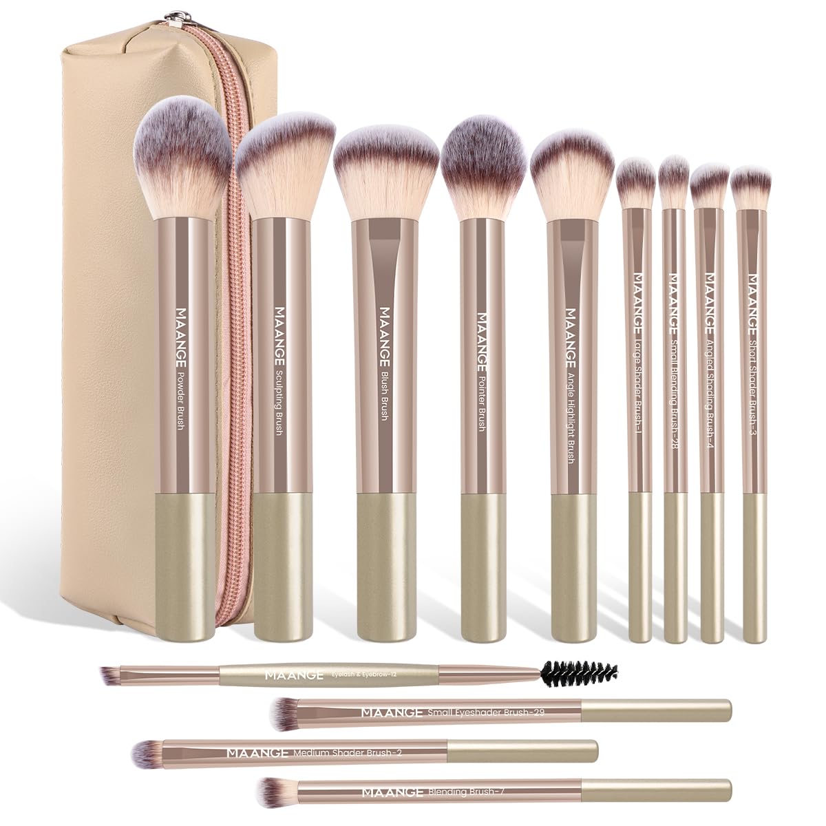 MAANGE 13-piece brush set with champagne case for versatile makeup applications