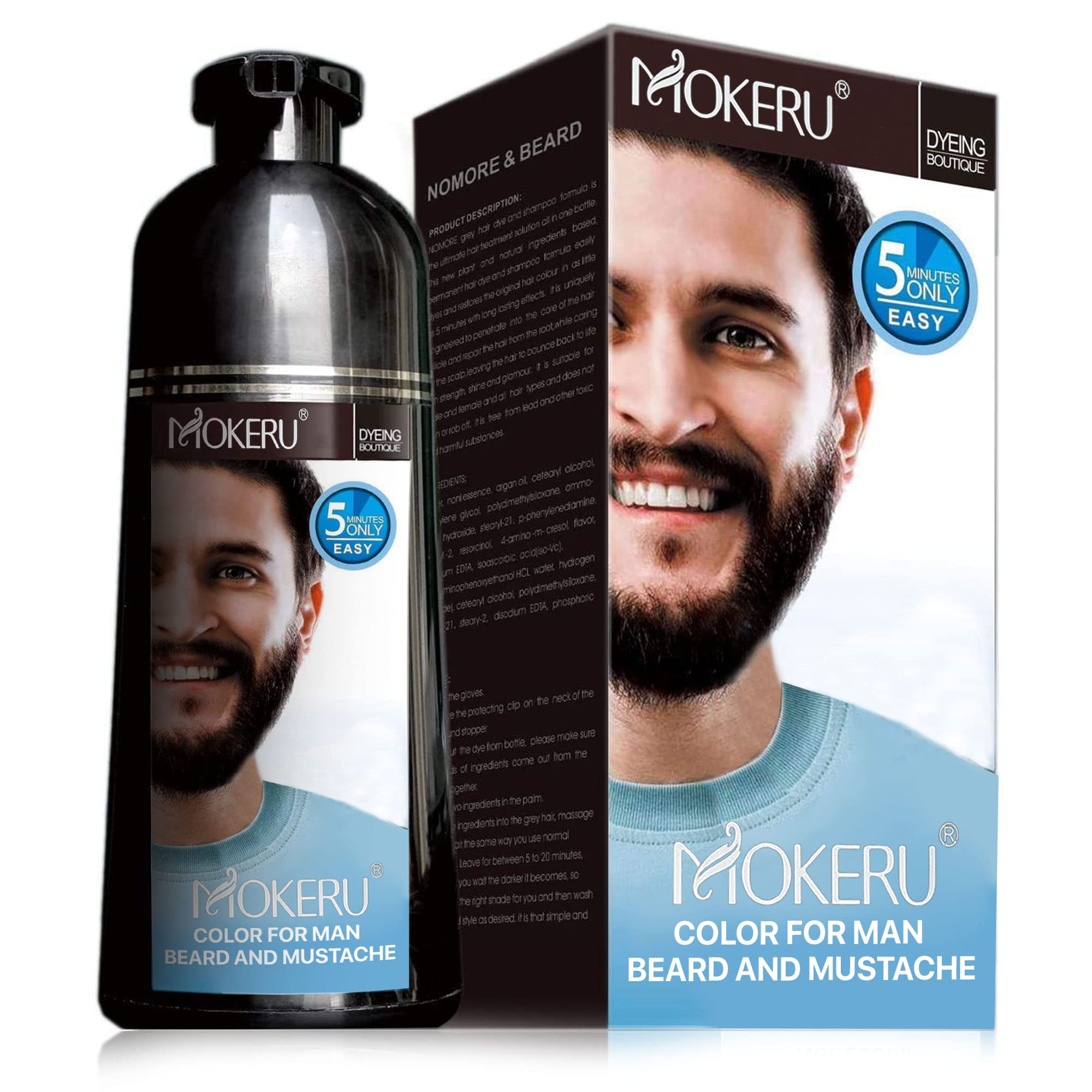 Maani Essence hair color shampoo applied on moustache and beard for a natural black shade.