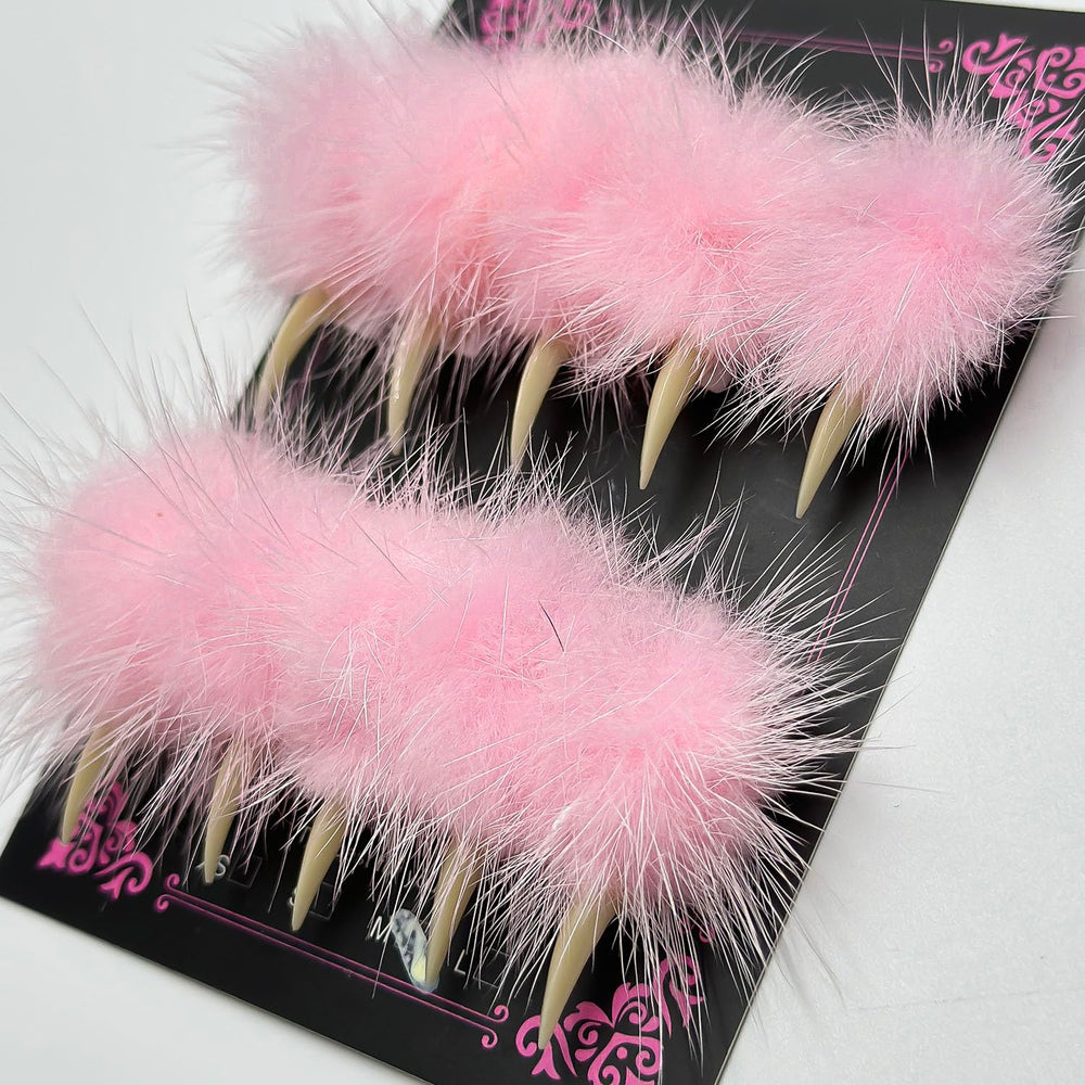 MABKJLF pink fur detail glossy finish on press-on nails for festive looks and quick glam.