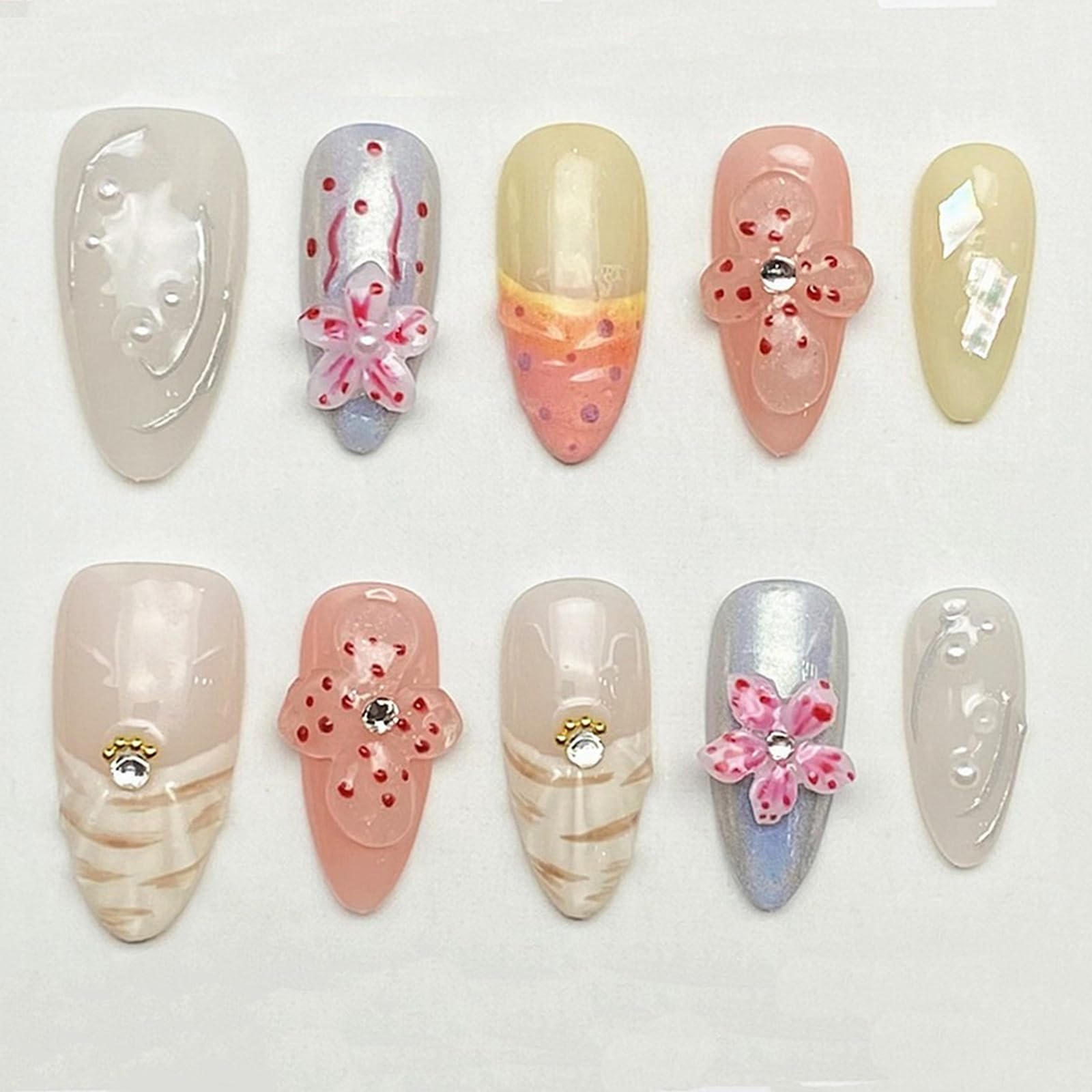 MABKJLF handmade press-on nails in almond shape with a 3D flower design.