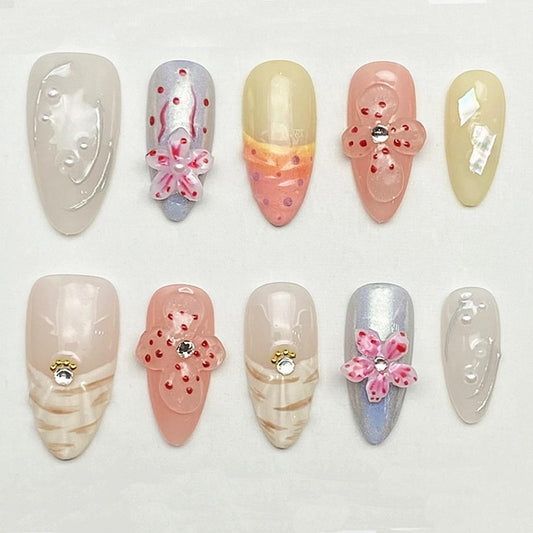 MABKJLF handmade press-on nails in almond shape with a 3D flower design.