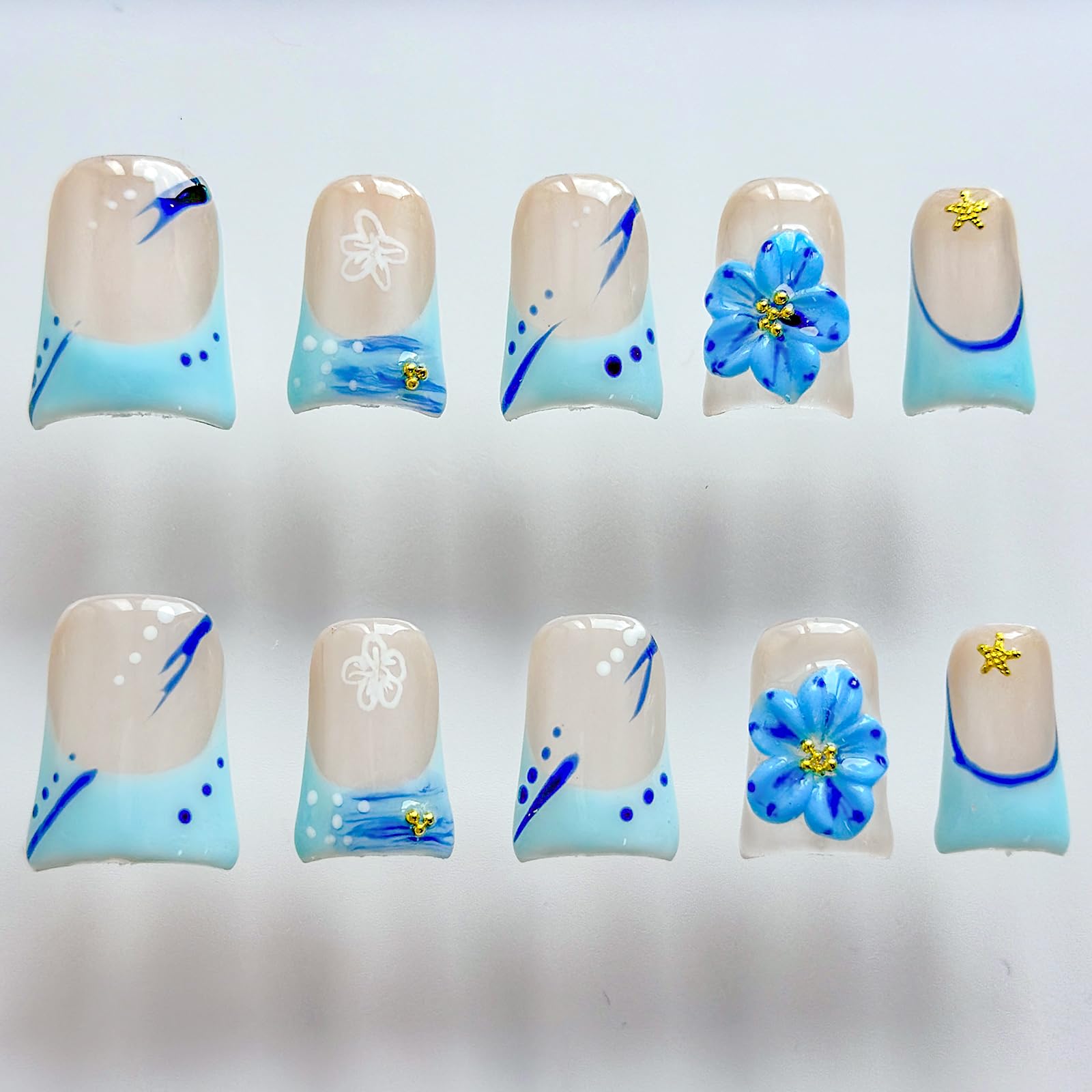 MABKJLF 3D handmade nail designs with rhinestones and starfish accents