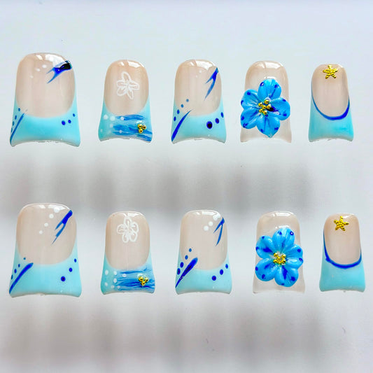 MABKJLF 3D handmade nail designs with rhinestones and starfish accents