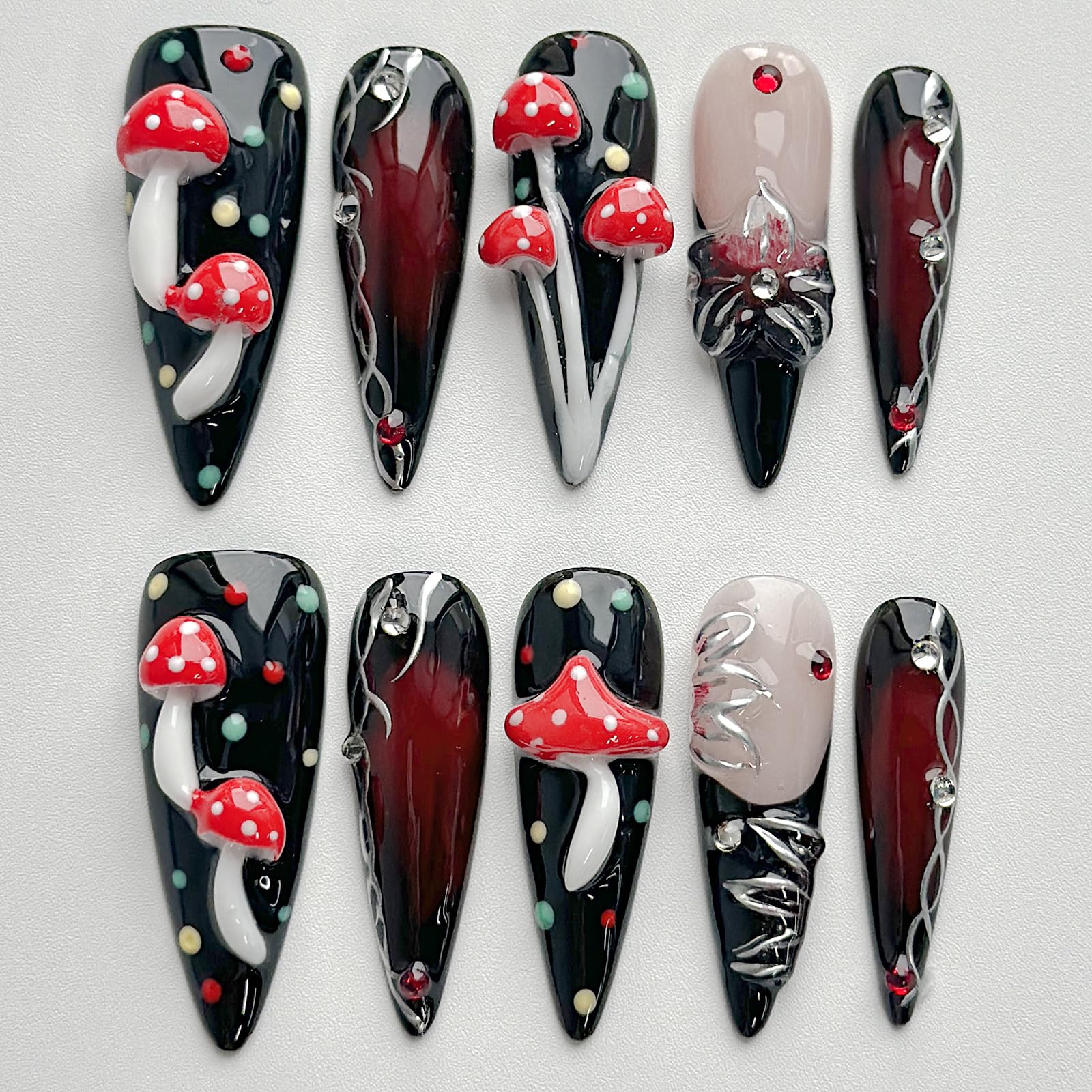 MABKJLF luxury press-on nails long stiletto with mushroom design for at-home salon vibe