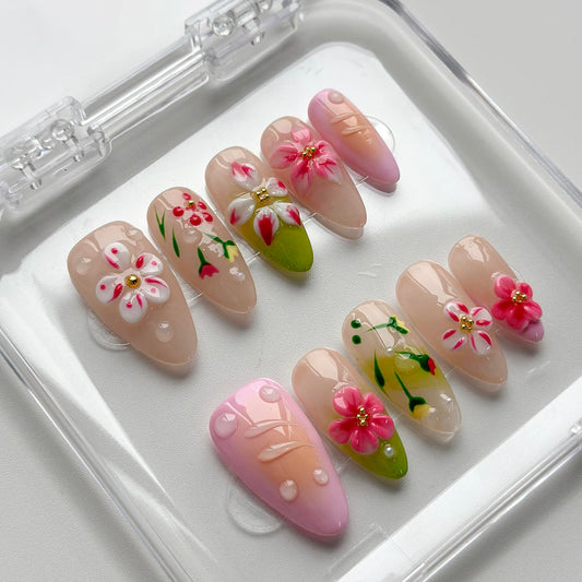 MABKJLF Luxury Press On Nails with pink flower design for a chic, salon-like look.