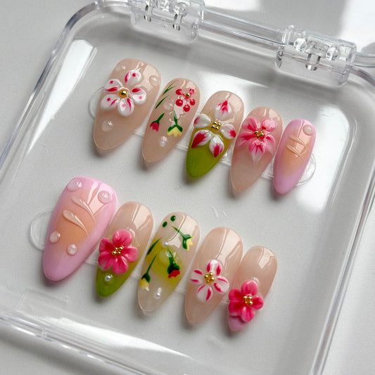 MABKJLF medium almond nails with water ripple gloss for a glossy finish.