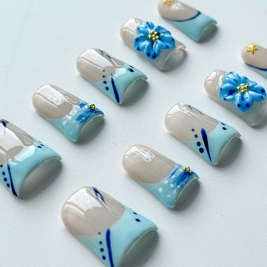 MABKJLF luxury press on nails with blue French tips for at-home salon looks