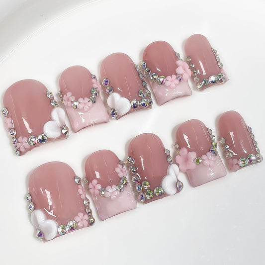 MABKJLF luxury press-on nails with floral rhinestones for instant salon-style glam.