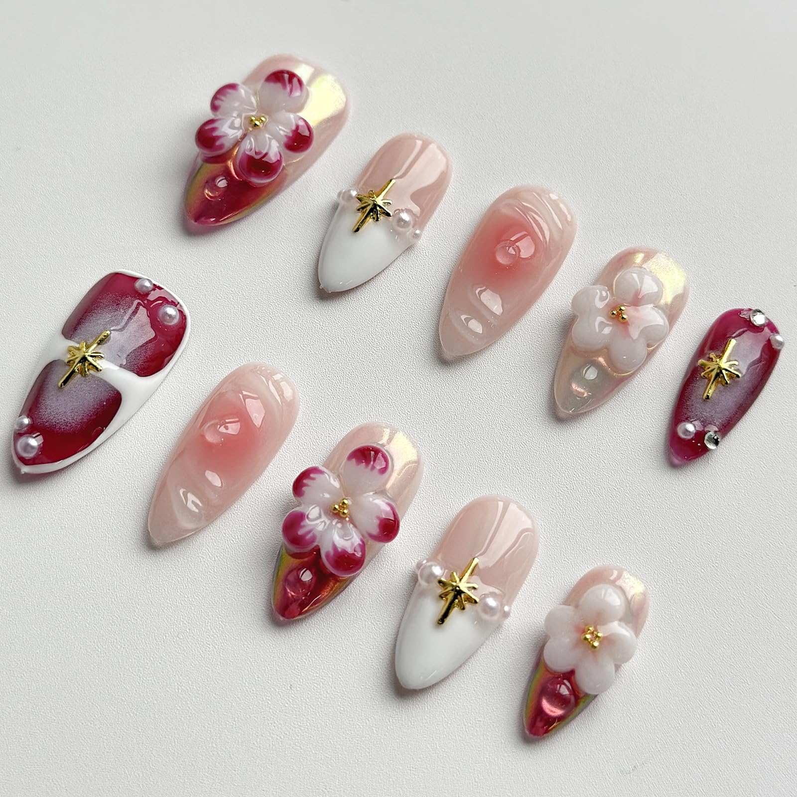 MABKJLF pink flower pearls accent for elegant manicure.