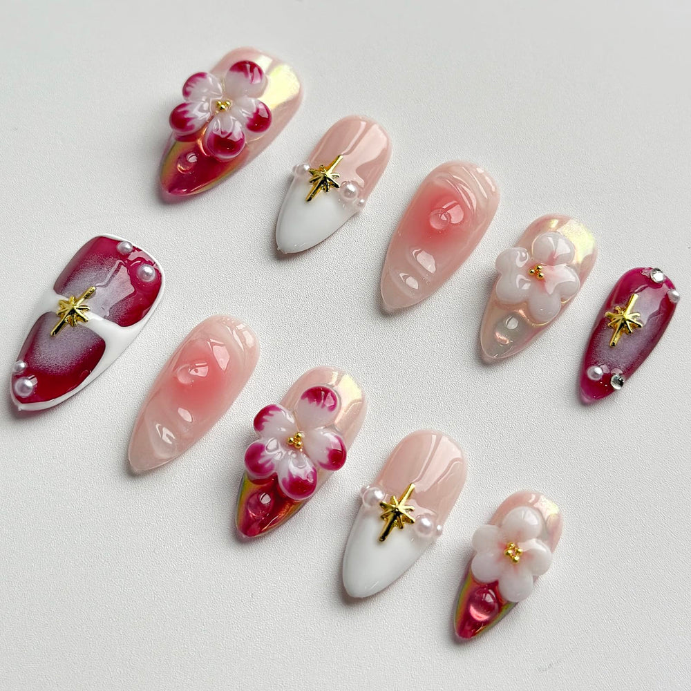 MABKJLF pink flower pearls accent for elegant manicure.