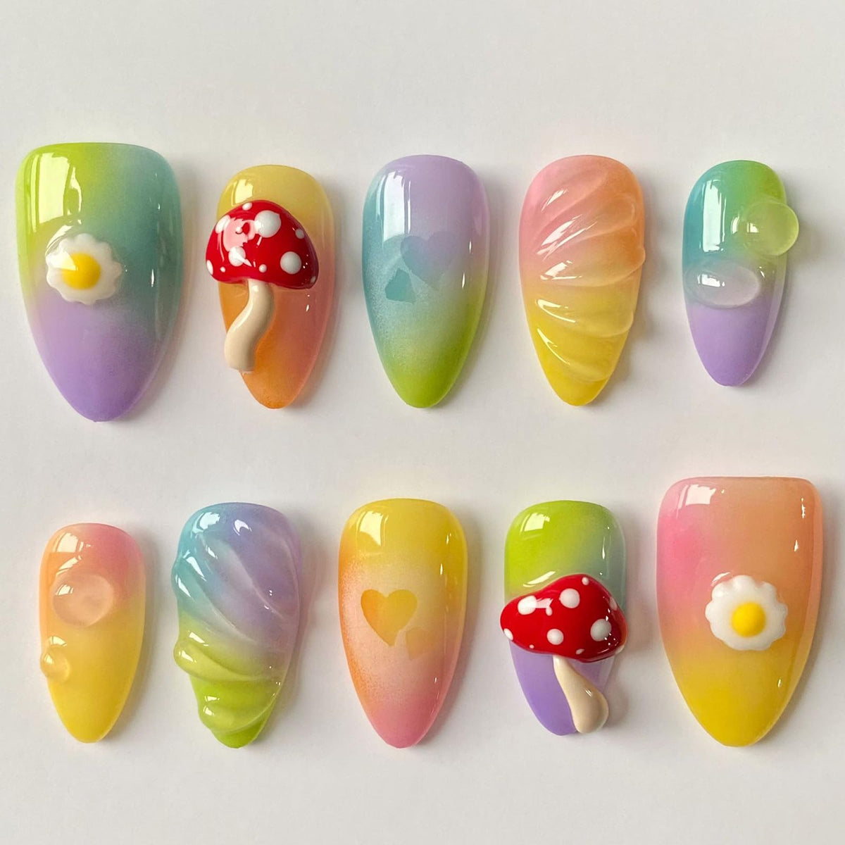 MABKJLF handmade press-on nails with mushroom design for an easy at-home manicure.