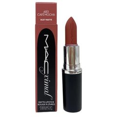 MAC M.A.Cximal Matte Lipstick in 683 Cafe Mocha swatch on lips for mauvey nude look.