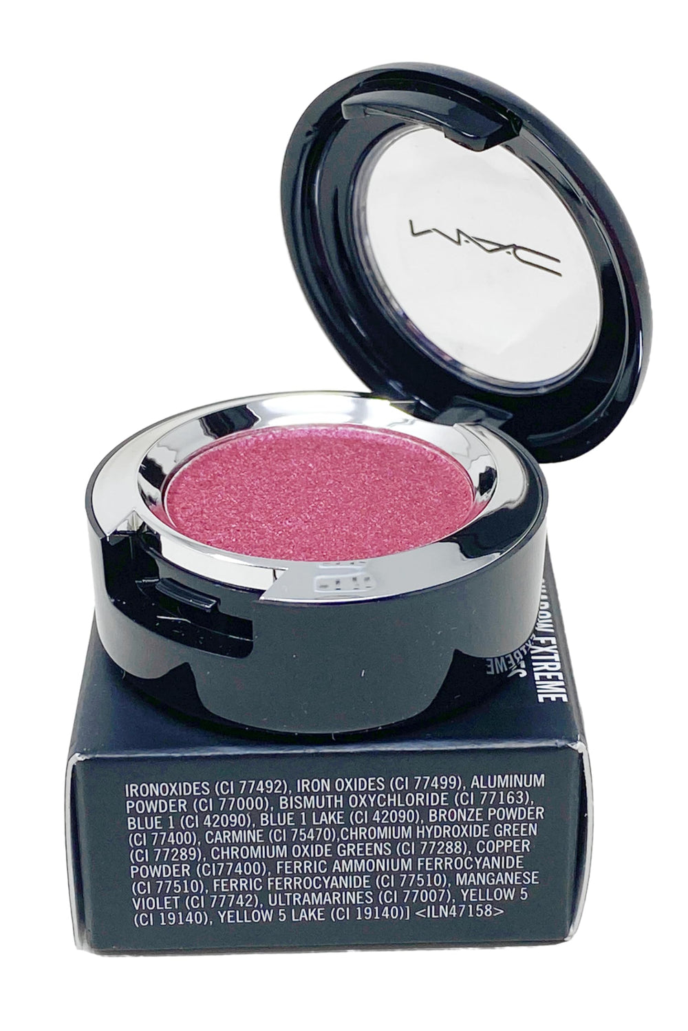 MAC Dazzleshadow Extreme Celebutante shown in a bold rosy pink look with all-day shimmer.