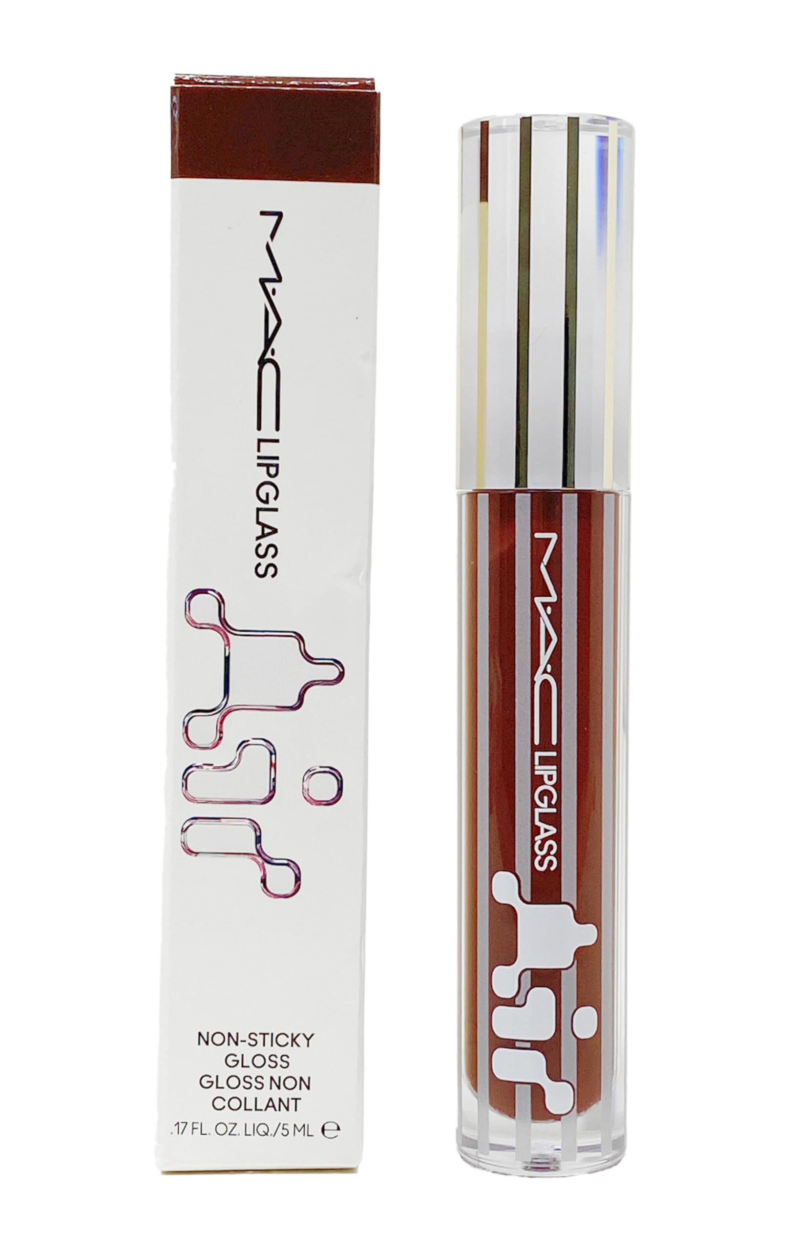 MAC Lipglass Air non-sticky gloss bottle showcases a high-shine finish with lightweight hydration.