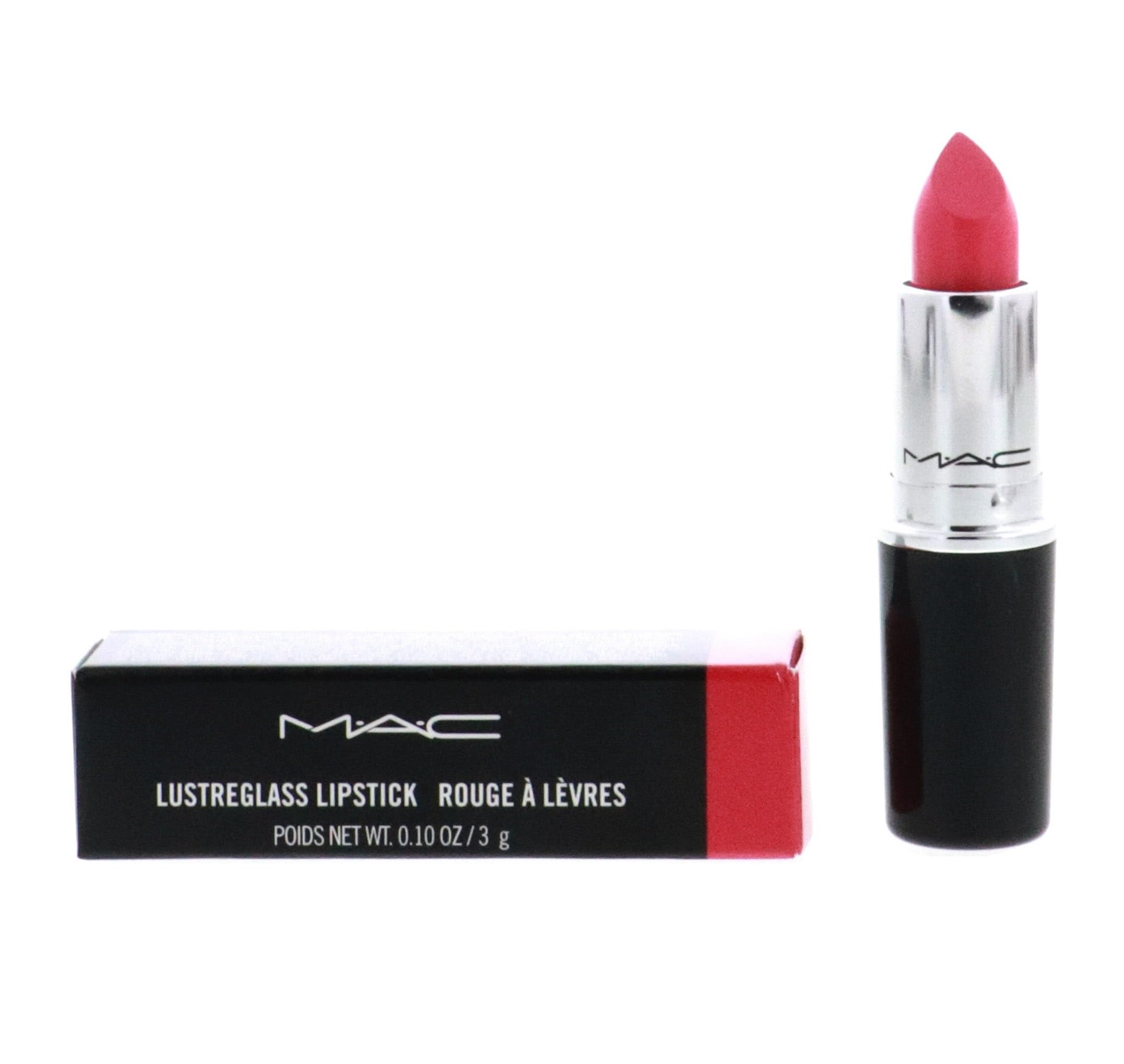MAC Lustreglass No Photos lipstick bullet in bright coral pink for bold daytime color.