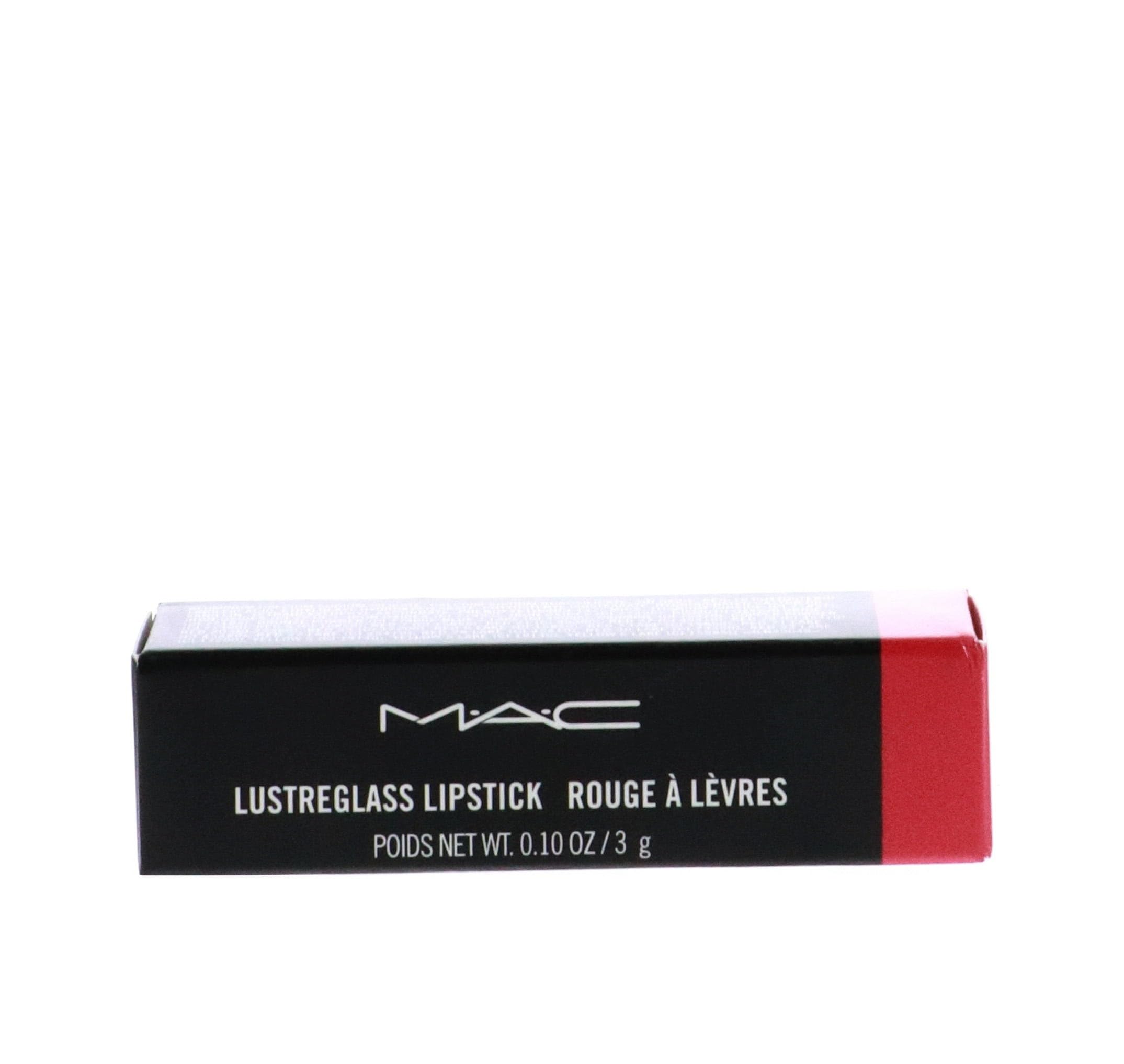 MAC Lustreglass No Photos packaging image highlights sleek tube and brand details.