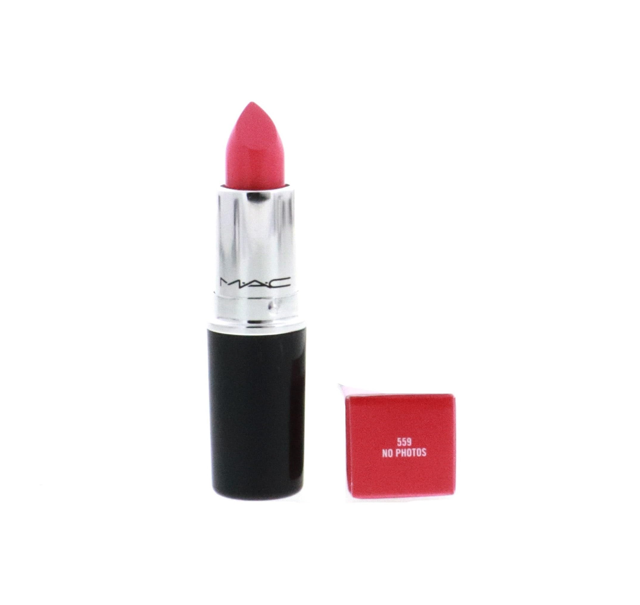 MAC Lustreglass No Photos swatch shows buildable color with glossy shine.