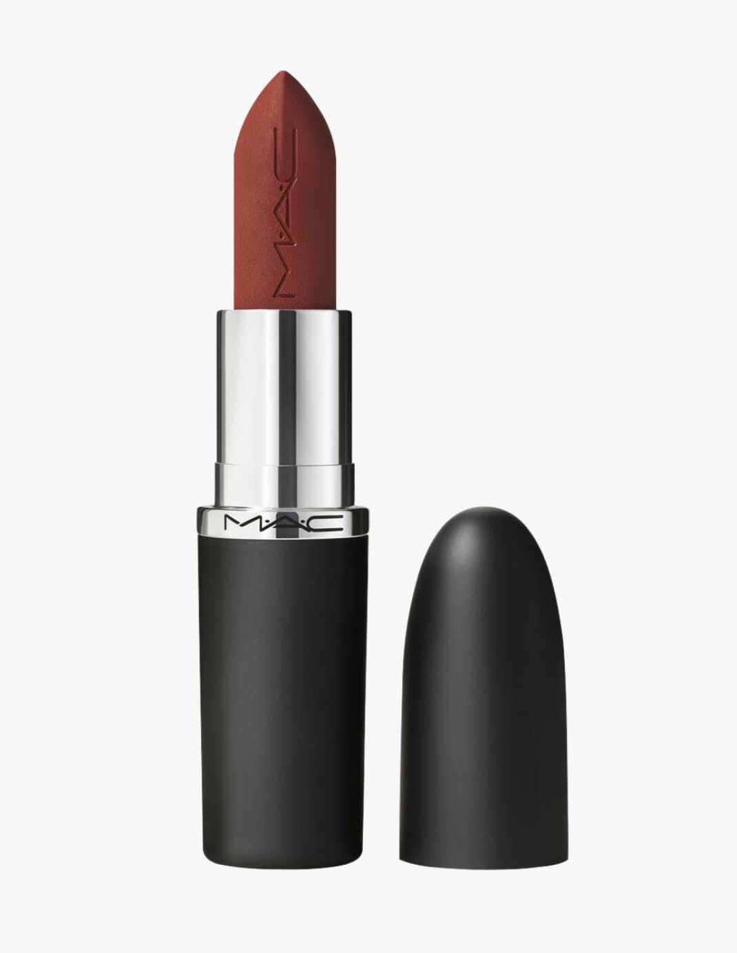 MAC Macximal Silky Matte Lipstick Overstatement packaging shows bold orange shade for daywear.