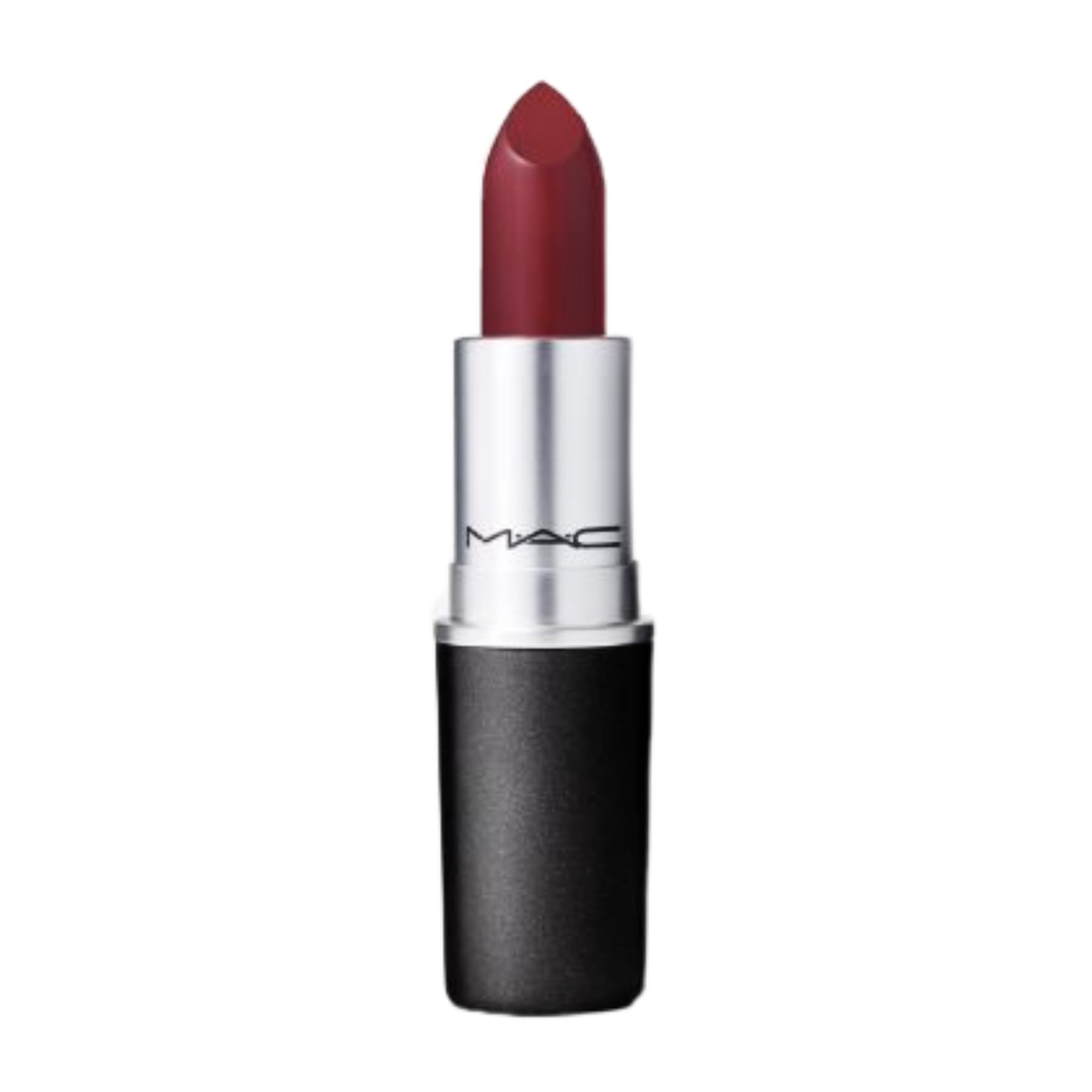 MAC Matte Lipstick Avant Garnet tube shows a rich deep red matte finish.