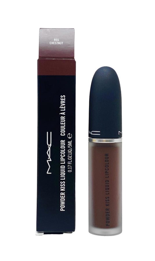 MAC Powder Kiss Liquid Lipcolour 955 Chestnut bottle shows deep warm brown shade for daily wear