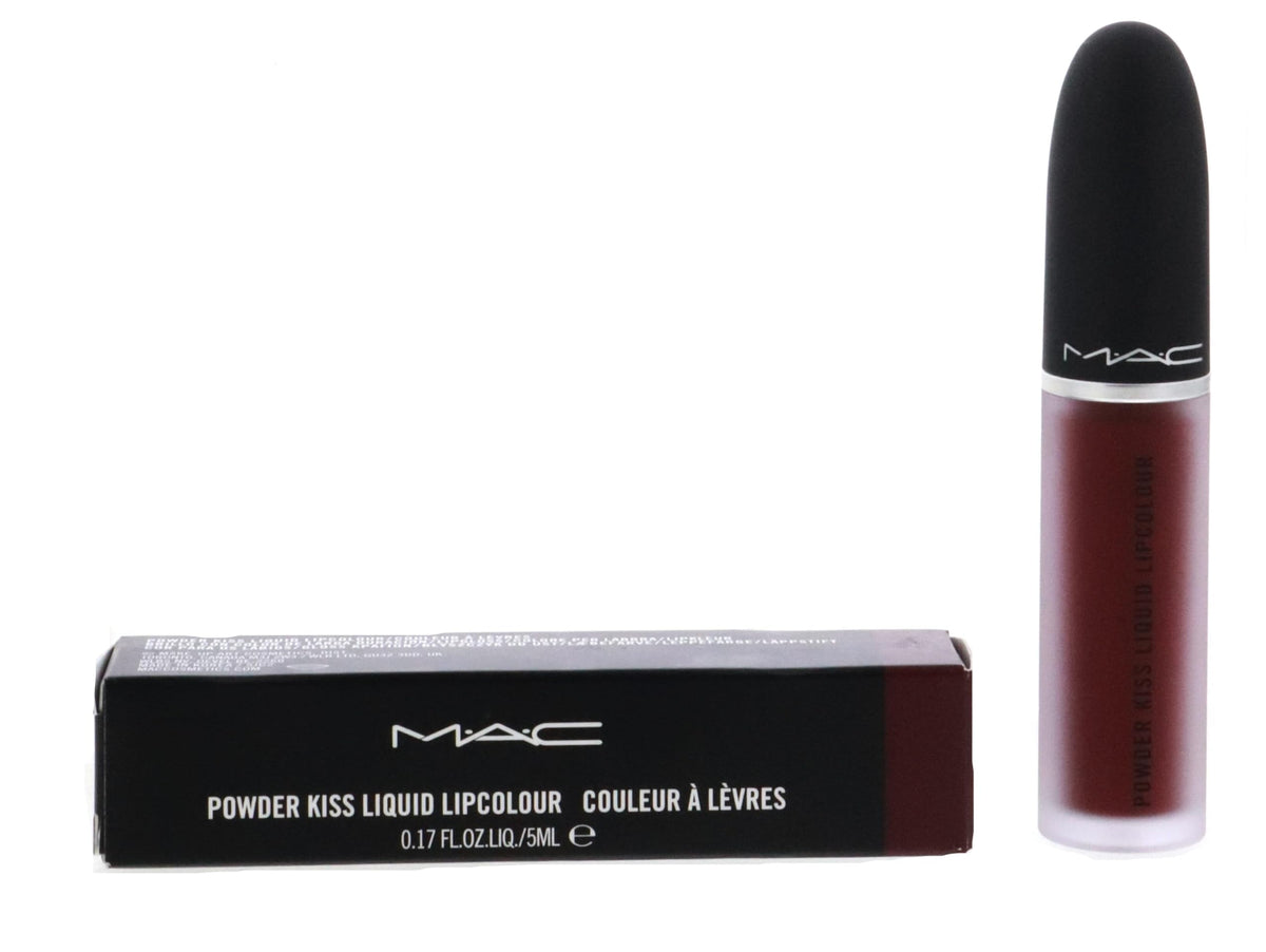 MAC Powder Kiss Liquid Lipcolour in Deep Wine on lips with a soft-focus finish