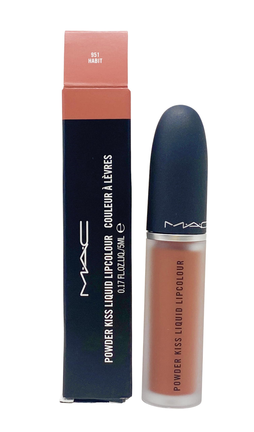 MAC Powder Kiss Liquid Lipcolour Habit Peachy Nude swatch for all-day comfortable hydration.
