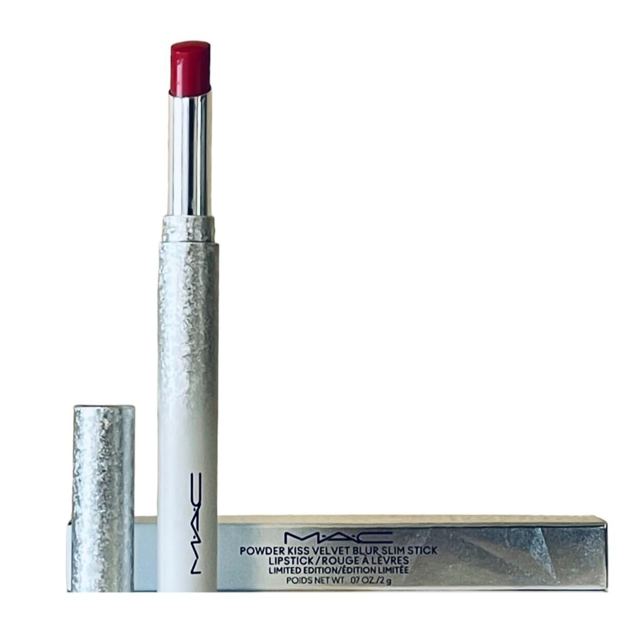 MAC Merry Cherry swatch on skin demonstrates vivid red with soft-focus finish