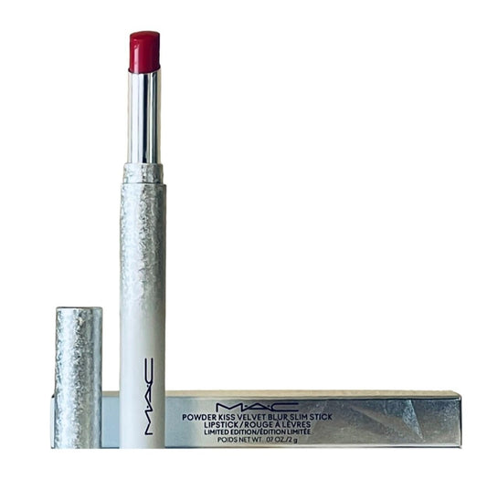 MAC Merry Cherry swatch on skin demonstrates vivid red with soft-focus finish