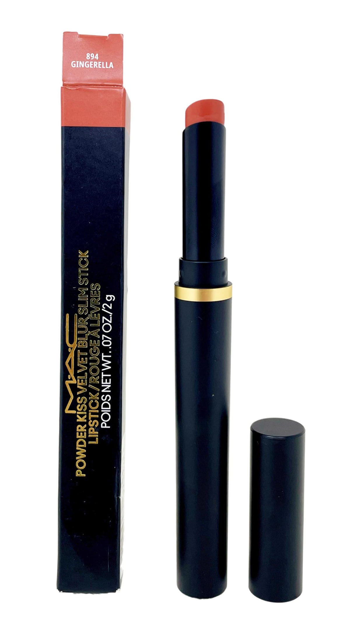 MAC Powder Kiss Velvet Blur Slim Stick Gingerella pout swatch highlights a soft orange coral shade for radiant lips